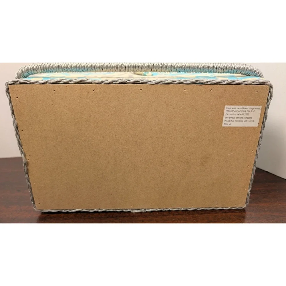 Fabric Sewing Basket Box Aqua Gray Damask Padded Lid Handle Craft Storage Notion